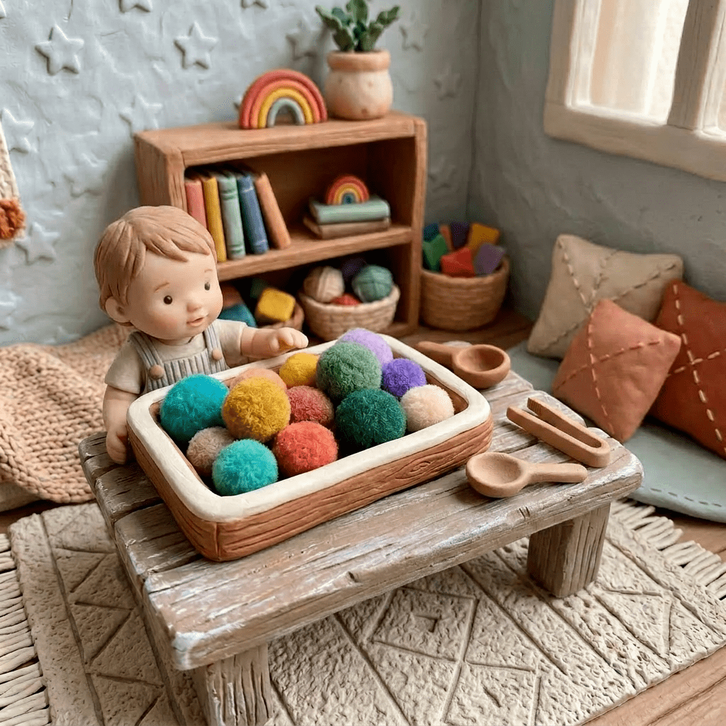 Miniature playroom with a wooden table holding a tray of colorful pom-poms and small wooden utensils