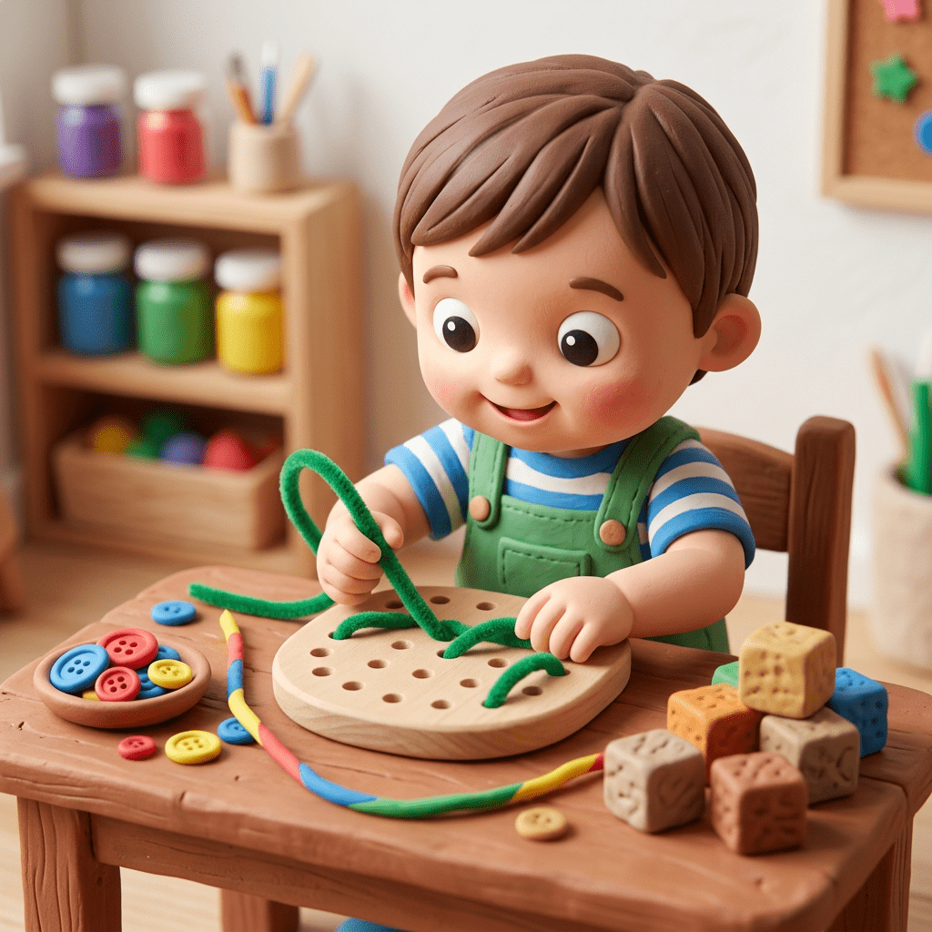 Child threading green yarn through holes in a wooden board at a table with colorful buttons and clay cubes