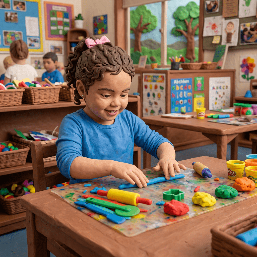 Child shaping blue playdough at a classroom table with colorful tools and containers