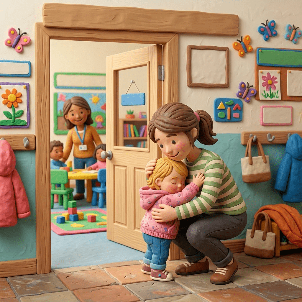 Child hugging mother at nursery entrance with teacher and kids inside