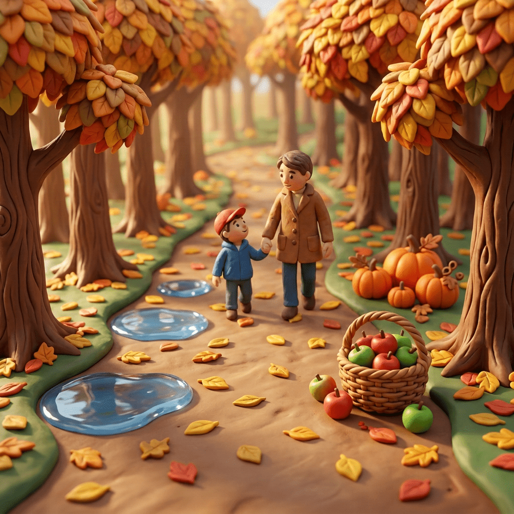 Autumn forest path with colorful leaves, puddles, pumpkins, and apples